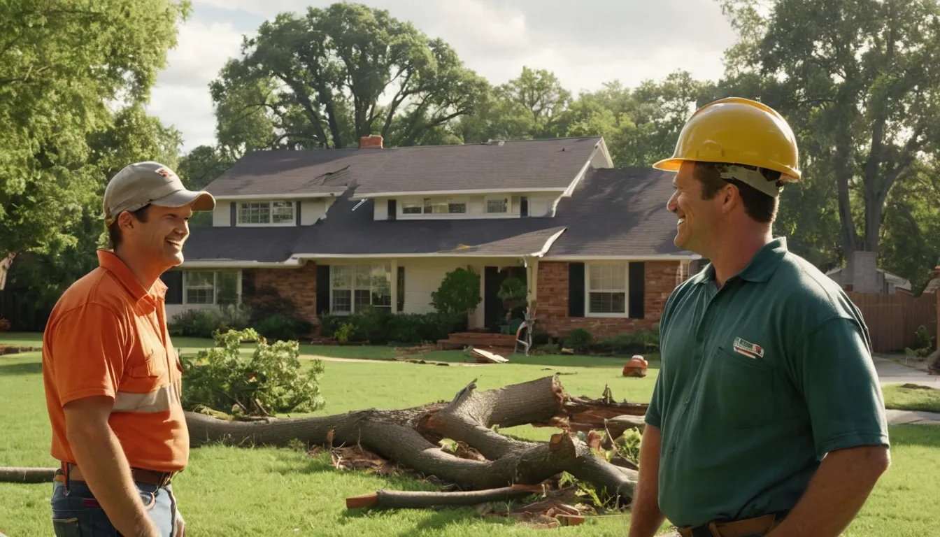 A fallen tree on a lawn near a Humble home with a provider assessing the job